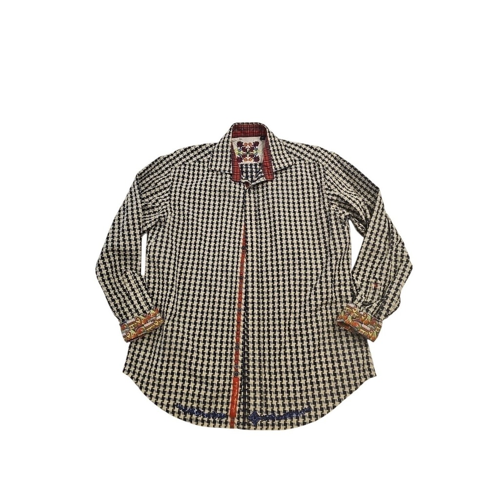 Robert Graham Shirt Mens Large Gray Houndstooth Flip Cuff Party Casual Button Up